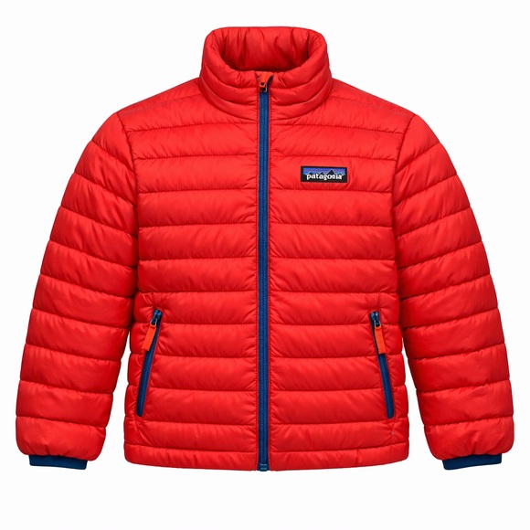 Patagonia Boys Down Sweater Jacket Red Blue Youth M 10 Puffer Winter Coat - Picture 1 of 16